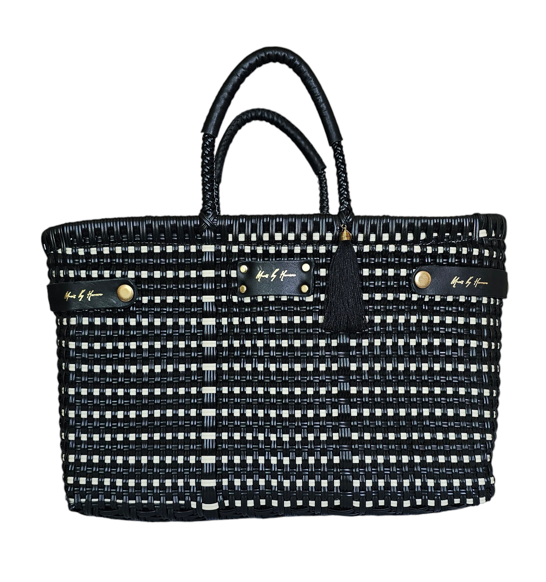 Luxury handwoven handbag that transforms into a tote bag for added versatility in color black with leather handles.