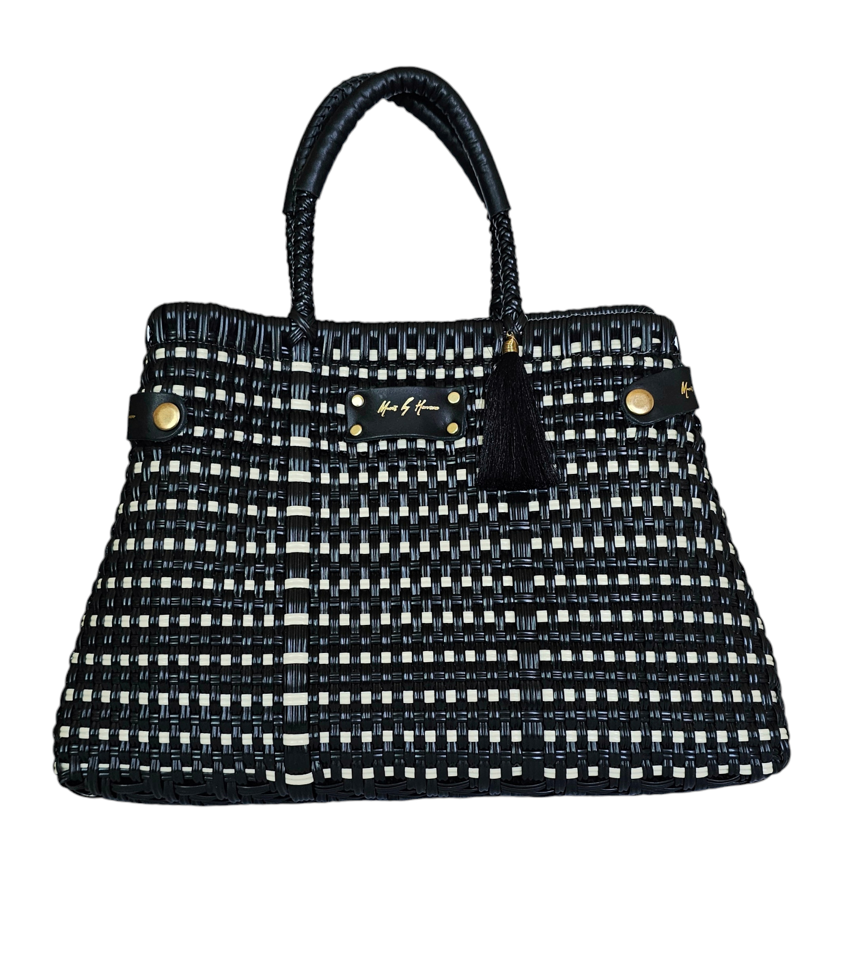 Luxury handwoven handbag that transforms into a tote bag for added versatility in color black with leather handles.